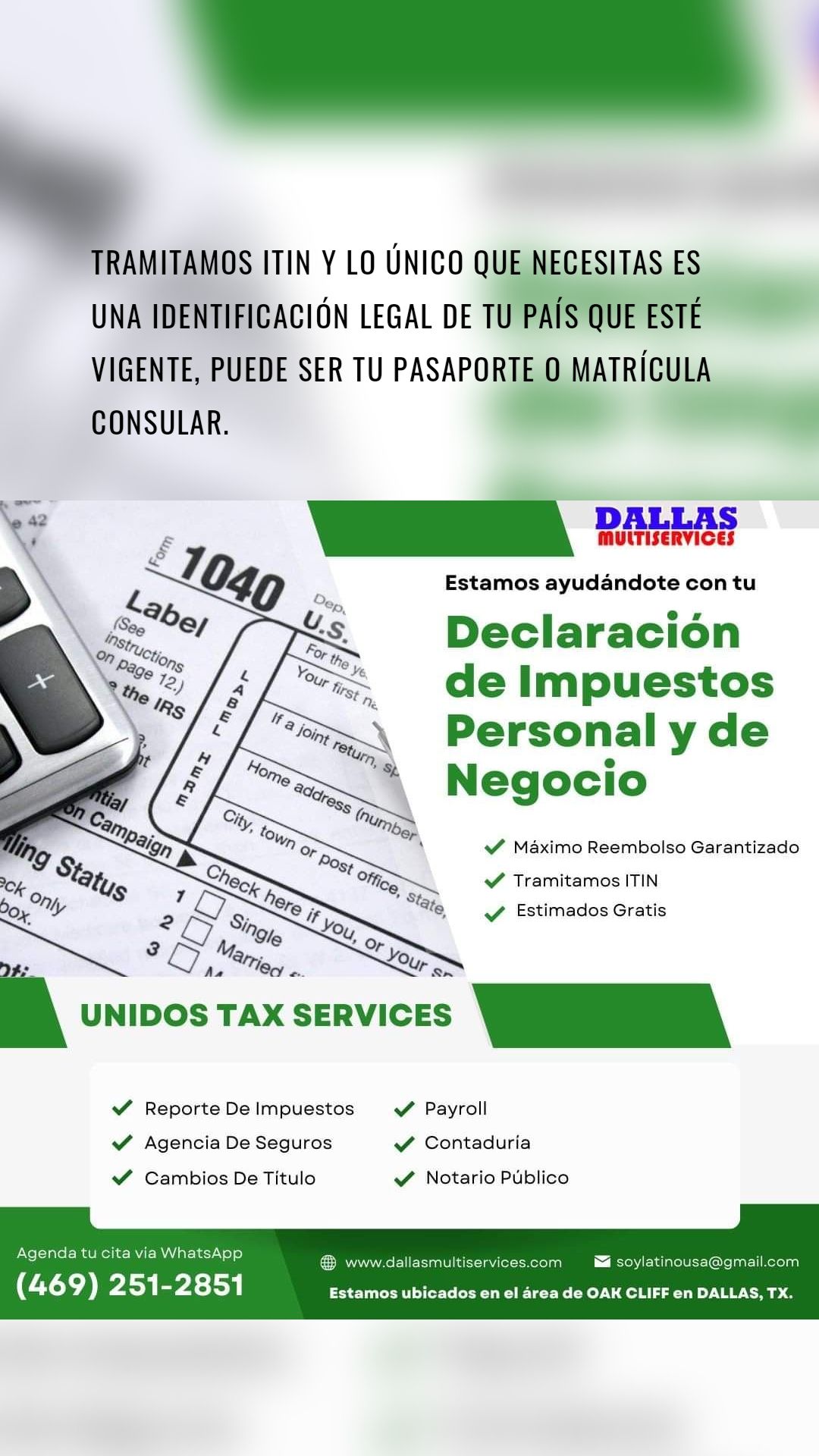 Tramitamos ITIN y lo único que necesitas es una identificación legal de tu país que esté vigente, puede ser tu pasaporte o matrícula consular.